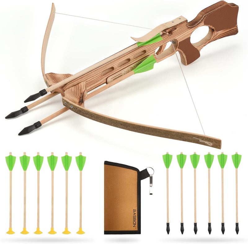 Basbon Crossbow Toy Set for Kids with 12 Handmade Wooden Arrows and Quiver, Cross Bow Archery Prop for Costume Cosplay, Halloween Party Role Play Gift for Boys and Girls, Green - Image 1